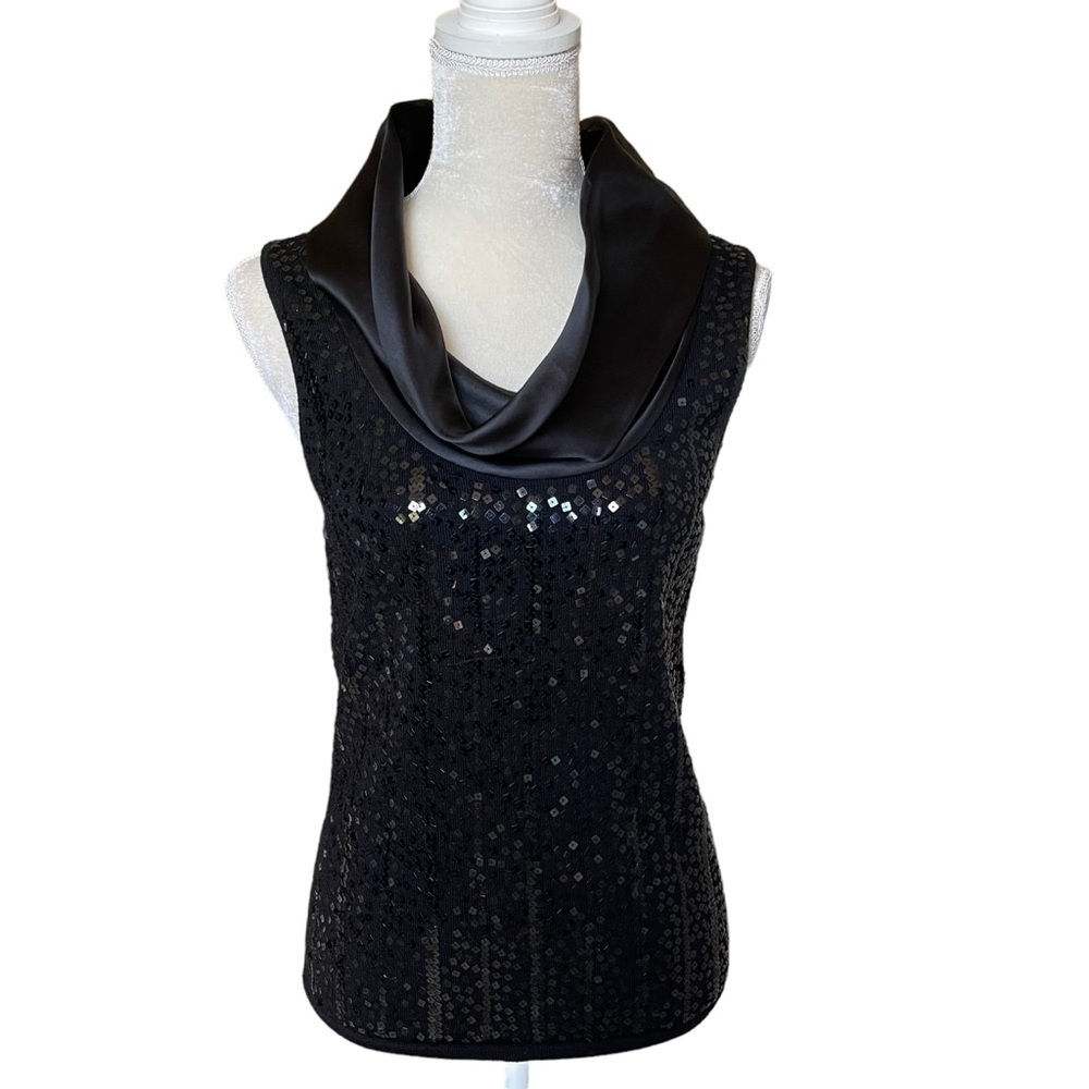 Lafayette 148 New York Sequined Embellished Cowl Neck Sleeveless Top Size L Wool